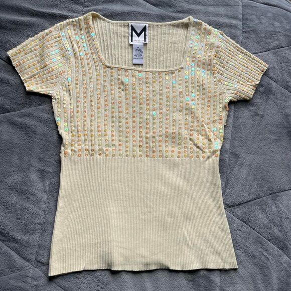 Vintage Y2K Marc Bouwer Sequin Square Neck Short Sleeve Yellow Sweater Top Sz M - Picture 1 of 6